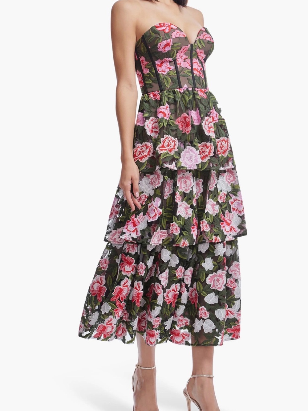 Dress the Population Strapless Floral Tiered Midi Dress in Green and Pink